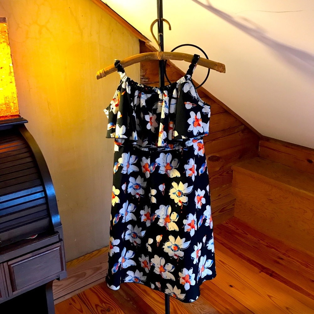 Inomi Navy Blue Floral Off-the-Shoulder Dress, EUC, 2